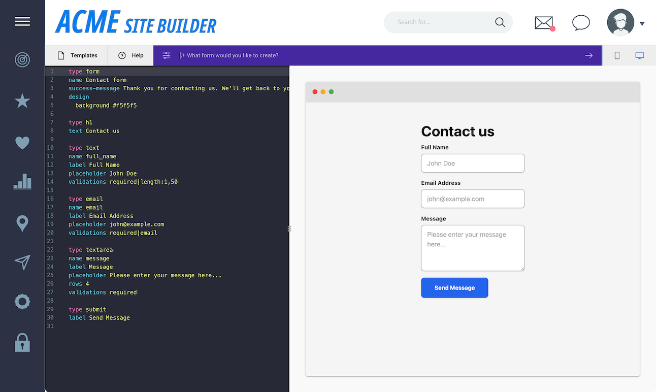 ACME site builder UI
